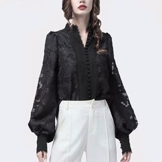 Patchwork Lace Lantern Long Sleeves Stand Collar Shirt | Uniqistic.com Korean Shirts, Lace Lanterns, Stand Collar Blouse, Korean Shirt, Korean Blouse, Stand Collar Shirt, Lantern Sleeved Blouses, Blouse Material, Woman Standing