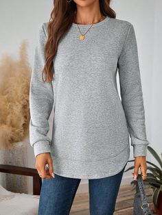 Fall Clothes Women Light Grey Casual  Long Sleeve Knitted Fabric Plain Pullovers Slight Stretch  Women Clothing, size features are:Bust: ,Length: ,Sleeve Length: Fall Clothes, Round Neck Sweatshirts, Clothes Women, Casual Street Style, Fall Outfits Women, White Casual, Long Sleeve Knit, Long Sleeve Sweatshirts, Street Style Women