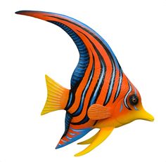 an orange and blue striped fish on a white background