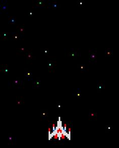 an old school computer game with a space shuttle flying through the air and stars in the background