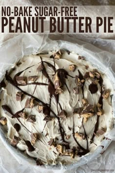 no - bake sugar - free peanut butter pie with chocolate drizzle on top