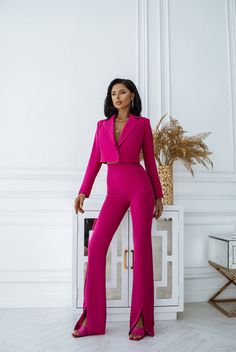 Sky-Blue Crop Jacket Suit 2-Piece - Fabulous Modern Charm – ELAGIA Tailored Two-piece Long Sleeve Suit, Formal Two-piece Long Sleeve Suits, Fitted Two-piece Pantsuit For Work, Two-piece Long Sleeve Blazer For Party, Two-piece Long Sleeve Pantsuit For Work, Chic Tailored Two-piece Suit, Single Breasted Long Sleeve Pantsuit For Party, Single-breasted Long Sleeve Pantsuit For Party, Fitted Single-breasted Wide Leg Pantsuit