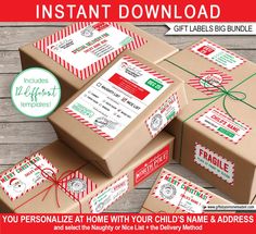 some boxes are stacked on top of each other with the words instant christmas gift labels