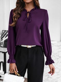 French Fungus Long Sleeve Shirt - Autumn Office Elegance - Purple - XL Purple Long Sleeve Formal Top, Purple Long Sleeve Shirt For Fall, Fall Tie Neck Blouse, Casual Tie Neck Office Tops, Casual Purple Shirt For Party, Solid Tie Neck Tops For Fall, Elegant Long Sleeve Purple Top, Solid Color Tie Neck Tops For Fall, Chic Purple Office Tops