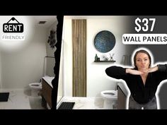 a woman standing in front of a bathroom with the words $ 377 wall panels