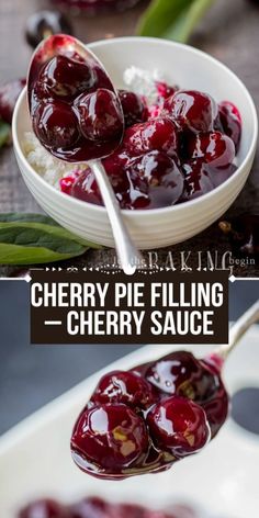 cherries are being spooned into a bowl with the words cherry pie filling on it