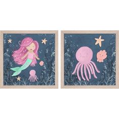 two paintings of mermaids and octopuses in the water with stars on them, one is