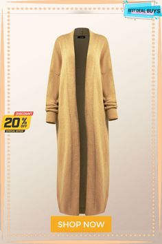 Plain V Neck Loose V Neck Long Sleeve Mid-long Sweater Coat Long Outerwear With Pockets, Plain Long Winter Outerwear, Long Plain Winter Outerwear, Casual Long Plain Outerwear, Long Sweater Coat For Fall Daywear, Long Beige Outerwear For Daywear, Long Cardigan For Workwear, Plain Long Outerwear For Work, Full Length Fall Outerwear