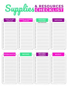 the printable checklist for supplies and resources