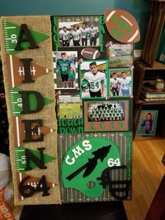 a football themed bulletin board with pictures and letters on it, along with other sports related items