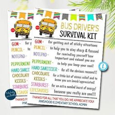 bus driver's survival kit for kids with school buses on the front and back