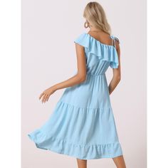 Looking for a charming and elegant dress for your next summer beach getaway? Check out this stunning sleeveless dress with a one-shoulder design, tie strap, ruffled neckline, and a tiered ruffle hem. The midi-length dress comes in a solid color and is perfect for a boho-chic look. The elastic waist makes it comfortable to wear, while the flowy and airy A-line shape complements most body shapes. The cute ruffle skirt adds a playful touch to the dress, making you look more beautiful and elegant. S Blue Ruffled Straps Sundress For Summer, Sleeveless Beach Dress With Ruffled Straps For Summer, Summer Beach Sleeveless Dress With Ruffled Straps, Summer Sleeveless Dress With Ruffled Straps For Beach, Sleeveless Dress With Ruffled Straps For Summer Beach, Blue Sundress With Ruffled Straps For Summer, Summer Sleeveless Dress With Ruffles For Beach Season, Blue Ruffled Straps Sundress For Beach, Sleeveless Beach Dress With Ruffles