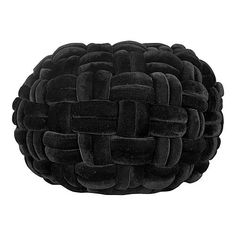 a black round cushion with braiding on the top and bottom, sitting in front of a white background