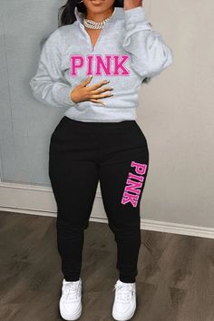 LW Plus Size Pink Letter Print Pants Set Lazy Weekend, Fitness Clothing, Fashion Gallery, Printed Pants, Mandarin Collar