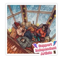 an image of some people sitting on a couch in front of a window with the words support independent artists