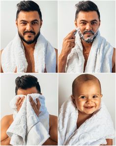 four pictures of a man holding a towel over his face and smiling at the camera