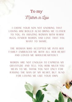 a poem written to mother in law on white paper with flowers and leaves around it