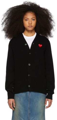 Comme des Garçons Play: Black & Red Men's Fit Heart Cardigan | SSENSE Knit Cardigan Outfit, Heart Cardigan, Comme Des Garcons Play, Red Cardigan, Cardigan Outfits, Men Fits, Black Rib, Wool Cardigan, Neck Collar