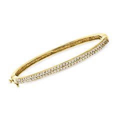 Ross-Simons - C. 1990 Vintage .82ct t. w. Diamond Bangle Bracelet in 14kt Yellow Gold. 7". C. 1990. Looking for a special piece to call your own? Take a look at this magnificient bangle bracelet. Hailing from our Estate collection, the bracelet features two rows of glimmering round brilliant-cut diamonds, .82 ct. t. w., that coat the top half of the glossy design. Crafted in 14kt yellow gold. Hinged. Figure 8 safety. Box clasp, diamond bangle bracelet. Exclusive, one-of-a-kind Estate Jewelry. Di Classic Gold Bracelet With Pave Setting For Wedding, Classic Gold Bangle Bracelet With Pave Setting, 17 Jewels Bangle Diamond Bracelet For Anniversary, Formal Gold Bracelet With Pave Setting, Classic Gold Bracelet With Pave Setting, Yellow Gold Diamond Bracelet With Pavé Setting For Anniversary, Yellow Gold Diamond Bracelet With Pave Setting For Anniversary, Anniversary Pave Setting Bangle Jewelry, Classic Gold Bracelets With Pave Setting