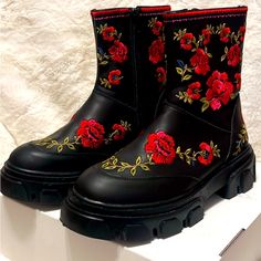 New Never Worn, Farm Rio Embroidered Boots Size 9. Fall Floral Embroidered Boots With Round Toe, Floral Embroidery Round Toe Boots For Fall, Fall Floral Embroidered Round Toe Boots, Fall Floral Embroidery Round Toe Boots, Embroidered Closed Toe Boots For Fall, Black Boots With Floral Embroidery For Fall, Black Floral Embroidery Boots For Fall, Embroidered Closed Toe Winter Boots, Spring Leather Boots With Floral Embroidery