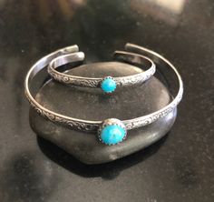 "Looking for The perfect gift for Mom and baby? These matching turquoise cuff sets are absolutely precious! Beautiful Kingman Turquoise and Sterling Silver adjustable floral pattern Cuff Bracelet for Mom and Baby! 8mm Kingman Turquoise for Mom with your choice cuff length and 5mm Turquoise for baby on a 4\" cuff that fist newborn to 1 year and adjustable. 💕 This is a dainty yet sturdy .925 Sterling Silver floral pattern cuff and is 3.55 wide x 1.55mm thick. (A stronger version than my original Turquoise Stackable Bracelets As Gift, Adjustable Turquoise Stamped Bracelets, Adjustable Stamped Turquoise Bracelets, Adjustable Turquoise Cuff Bracelet As Gift, Stamped Turquoise Bracelet As Gift, Blue Stamped Jewelry For Gifts, Blue Stamped Jewelry For Gift, Adjustable Turquoise Cuff Bracelet For Wedding, Turquoise Stamped Cuff Bracelet As Gift