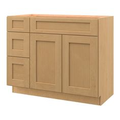 a wooden cabinet with drawers and doors on the front, in light brown wood finish