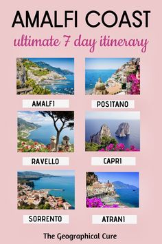 Pinterest pin for one week in Amalfi Almafi Coast Italy, Amalfi Coast Travel Guide, Amalfi Coast Itinerary, Italy Trip Planning, Island Of Capri, Amalfi Coast Travel, Italy Honeymoon, Europe Holidays, Holiday Travel Destinations