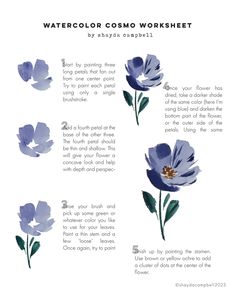 blue flowers with the words watercolor combo worksheet written below them in black and white