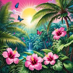 a painting of pink flowers and butterflies in the sunlit jungle with water fall behind them