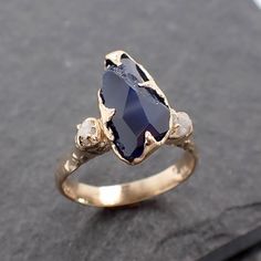 Partially faceted dark blue Sapphire and Diamonds 18k Gold Engagement Wedding Gemstone Multi stone Ring 2442 Raw Stone Engagement Rings, Rough Gemstone Jewelry, Blue Sandstone, Wedding Rings Solitaire, Wax Casting, Yellow Gold Engagement, Engagement Ring Cuts, Minerals And Gemstones, Rough Gemstone