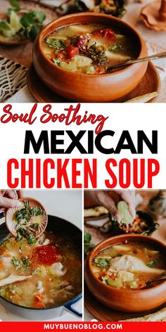 mexican chicken soup in a bowl with broccoli, tomatoes and other ingredients to make it