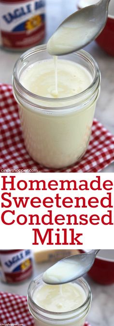 homemade sweetened condensed milk is poured into a jar