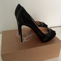 Christian Louboutin High Peep Toe Heels Size 36.5 (6.5) Black Patent Leather Black Open Toe Evening Court Shoes, Patent Leather High Heels For Galas, Black High Heel Court Shoes With Red Sole, Black Heels With Red Sole For Evening, Black High Heels With Red Sole, Black High Heels With Branded Insole, Black Open Toe Heels With Red Sole, Designer Black Heels 4-inch Heel, Luxury Black Heels With Wrapped Heel