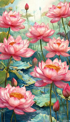 a painting of pink flowers and lily pads