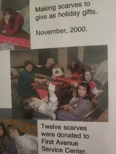 two pictures of children sitting at a table and one has a sign that says making scarves to give as holiday gifts november, 2000