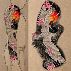 two drawings of birds with flowers on their wings, one in the shape of a woman's body