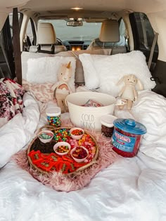 a trunk full of food and toys in the back of a car with pillows on it