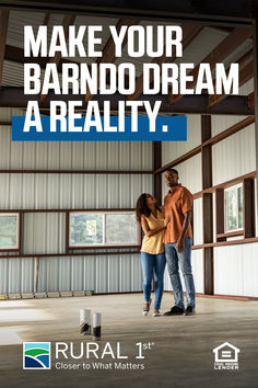 a man and woman standing in an empty building with the words make your barndo dream a reality