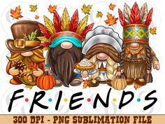 three cartoon thanksgiving characters with the words friends in front of them and an image of two people