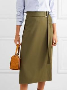 Asymmetrical Workwear Skirt, Chic Wrap Skirt With Pockets For Work, Asymmetrical Skirt With Pockets For Work, Asymmetrical Pencil Skirt For Work, Solid Color Wrap Skirt For Work, Green Workwear Skirt With Pockets, Solid Wrap Skirt For Work, Casual High Waist Wrap Skirt For Work, Chic Belted Wrap Skirt For Work