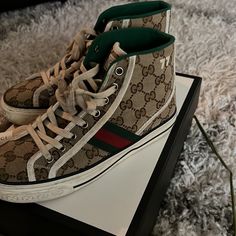 Tan Gucci Sneakers Size 7, Worn Less Than 10 Times, Including Brand New Lace , Box Is In Great Condition Will Be Cleaning Shoes Before Shipping. Gucci High-top Lace-up Sneakers, Gucci Leather High-top Sneakers With Laces, Gucci Leather High-top Sneakers, Gucci High-top Lace-up Sneakers For Streetwear, Gucci High-top Sneakers With Branded Heel And Round Toe, Gucci High-top Sneakers With Branded Heel Counter, Gucci High-top Sneakers With Branded Heel, Gucci High-top Sneakers With Laces, Gucci High-top Sneakers