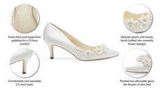 Kitten Heel Wedding Shoes, Pearl Wedding Shoes, Satin Wedding Shoes, Wedding Shoes Low Heel, Classic Flower, Ivory Wedding Shoes, Shoe Crafts, Classic Brides, Wedding Shoes Heels