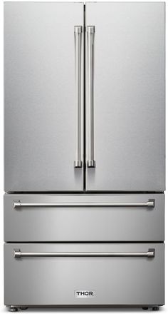 a stainless steel refrigerator freezer with two drawers