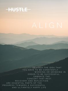 a poster with the words algn on it and mountains in the background at sunset