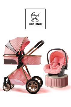 a pink baby stroller next to an infant car seat with the word tiny travels on it