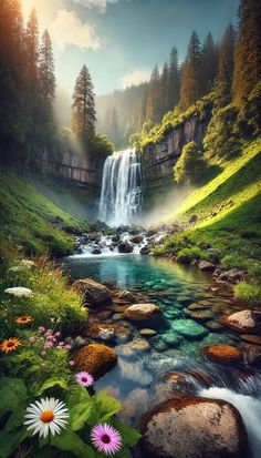 a waterfall in the middle of a forest filled with lots of green grass and flowers