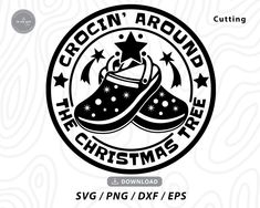 the crocn'around christmas tree logo is shown in black and white, with stars