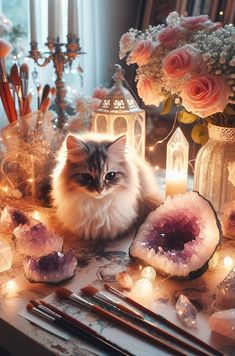 a cat sitting on a table surrounded by candles and other items with flowers in the background