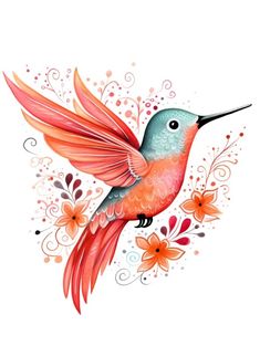 a colorful bird with flowers and swirls on it's wings, flying through the air