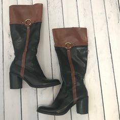 Beautiful Black & Brown Tall Boots Can’t Wear Heels Now Because Of Arthritis Excellent Condition. See Photos And Soles Of Shoes. Like New Aigner Boots, Brown Tall Boots, Tall Brown Boots, Etienne Aigner, Tall Boots, Shoes Heels Boots, Shoes Women Heels, Heeled Boots, Black And Brown